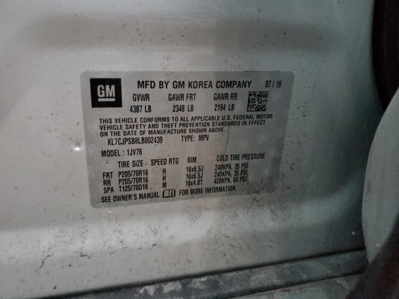 2020 Chevrolet Trax 1Lt VIN: KL7CJPSB8LB002439 Lot: 81654165