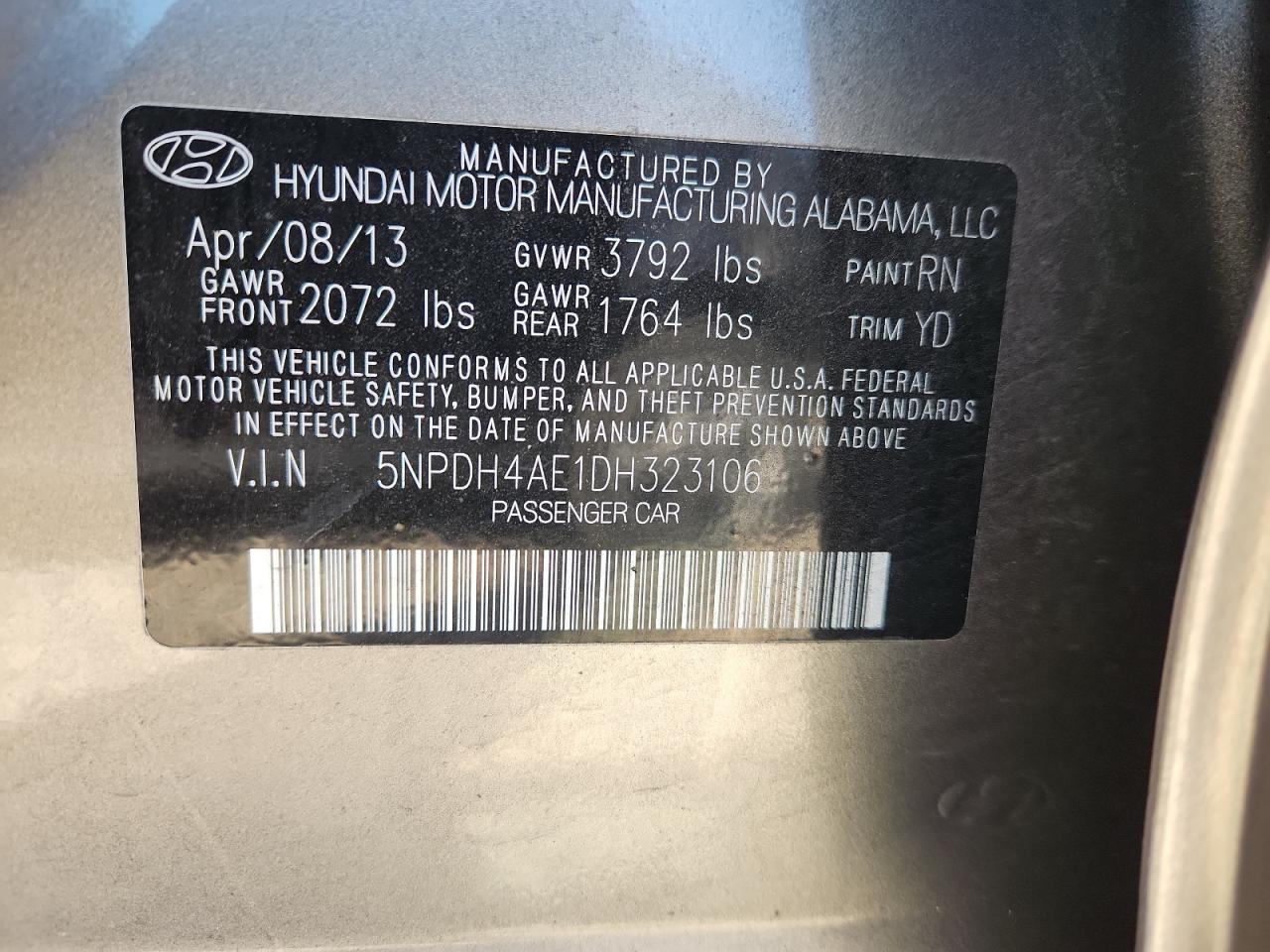 2013 Hyundai Elantra Gls VIN: 5NPDH4AE1DH323106 Lot: 80867735