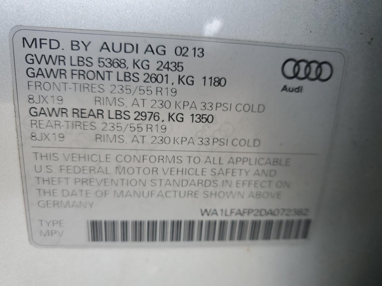 2013 Audi Q5 Premium Plus VIN: WA1LFAFP2DA072382 Lot: 80360265