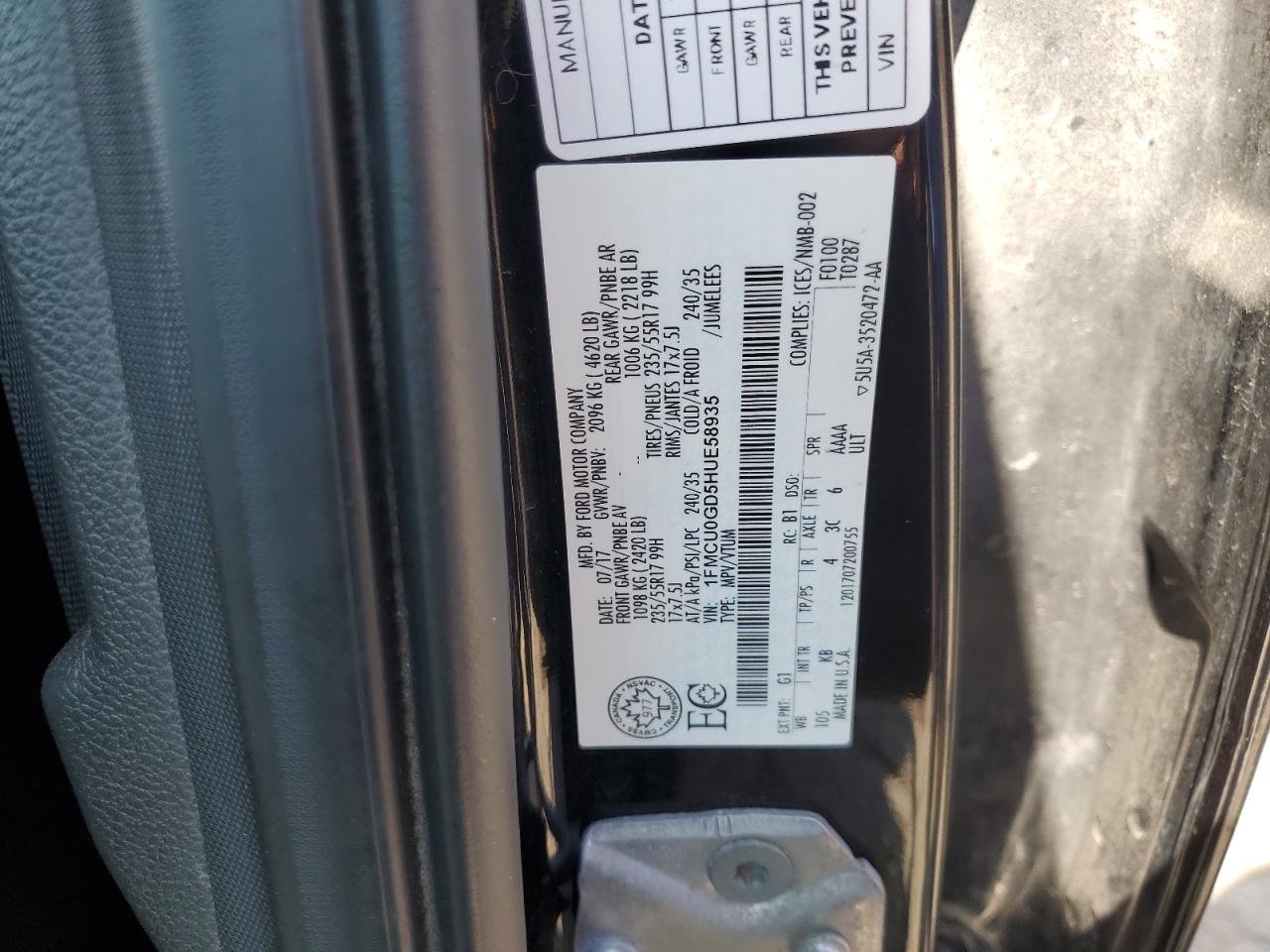 2017 Ford Escape Se VIN: 1FMCU0GD5HUE58935 Lot: 70593365