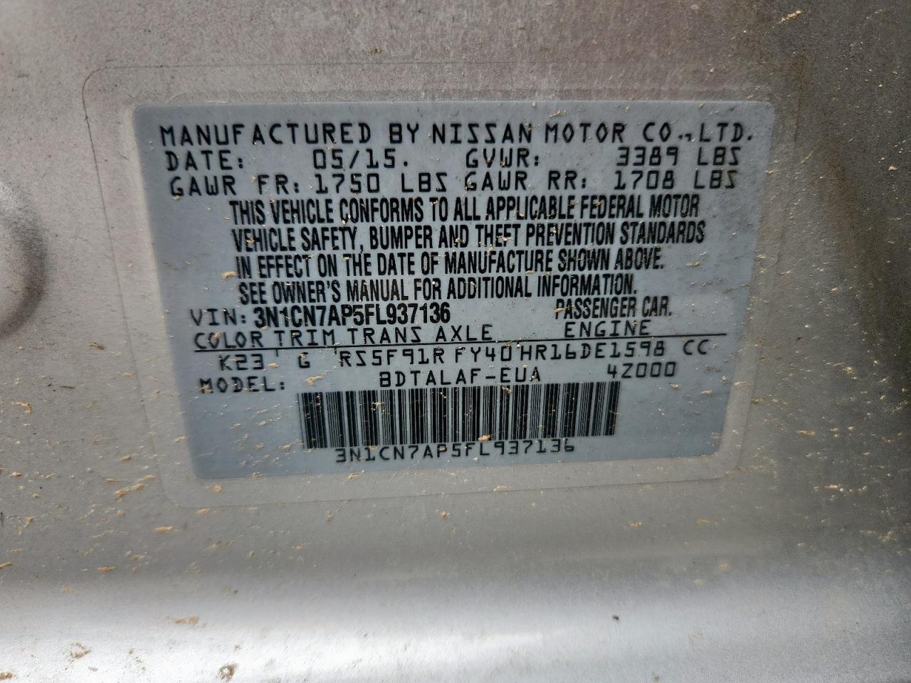 2015 Nissan Versa S VIN: 3N1CN7AP5FL937136 Lot: 81315885