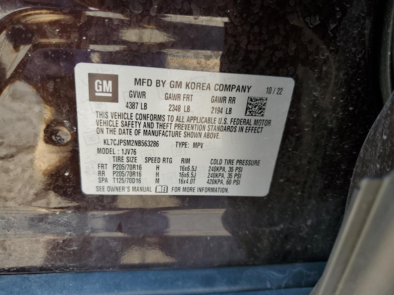 2022 Chevrolet Trax 1Lt VIN: KL7CJPSM2NB563286 Lot: 84271435