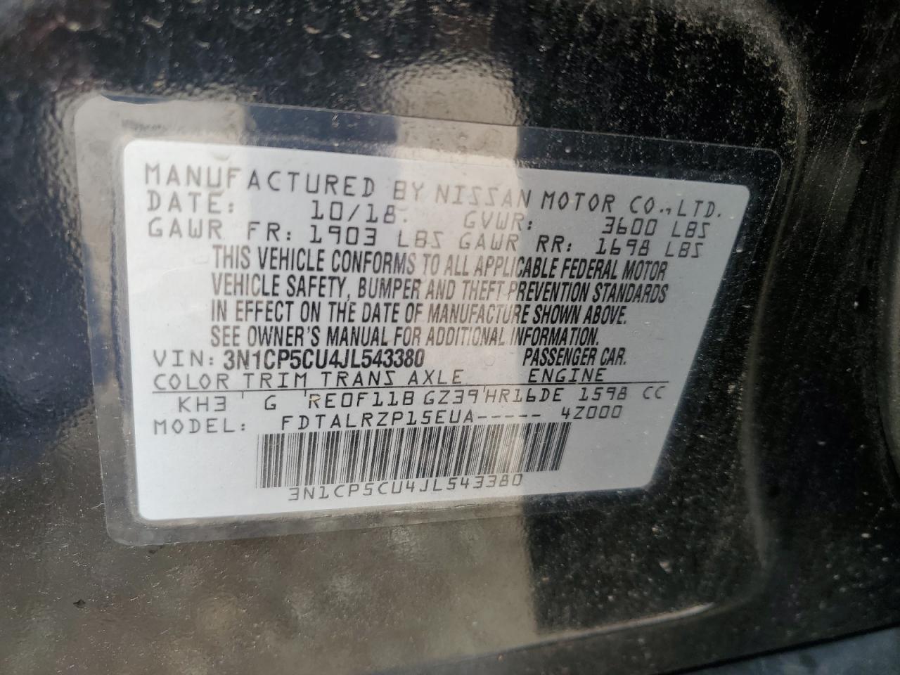 2018 Nissan Kicks S VIN: 3N1CP5CU4JL543380 Lot: 70868135