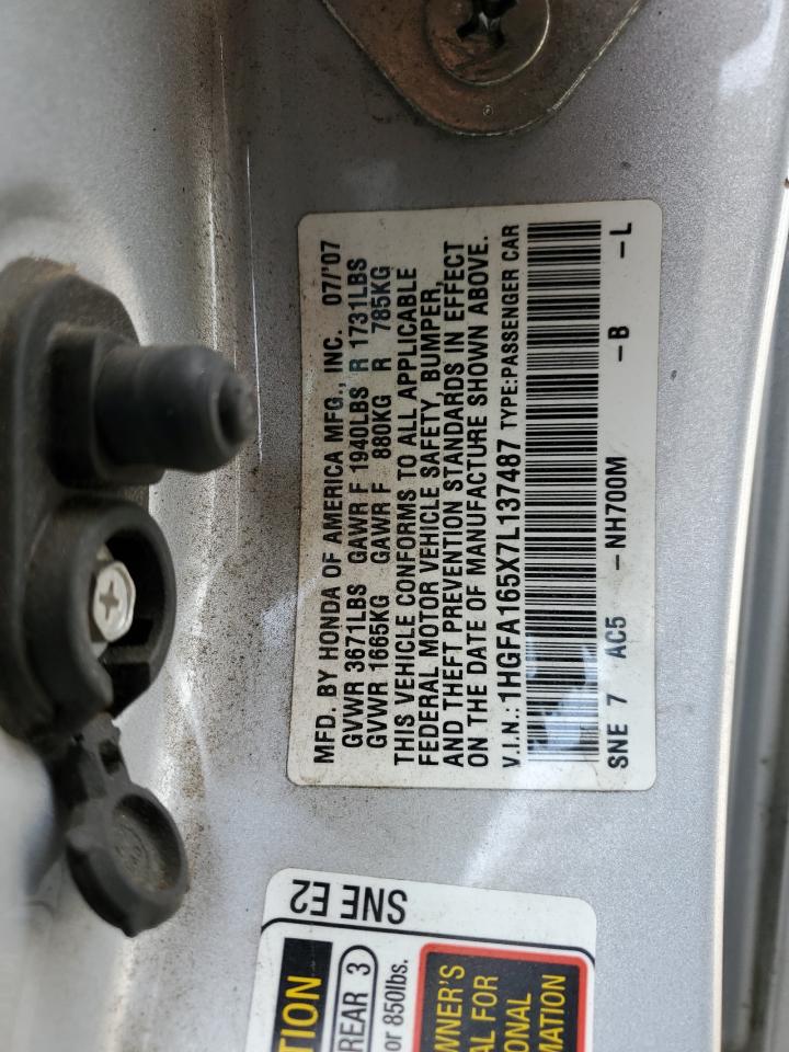 2007 Honda Civic Lx VIN: 1HGFA165X7L137487 Lot: 71702435