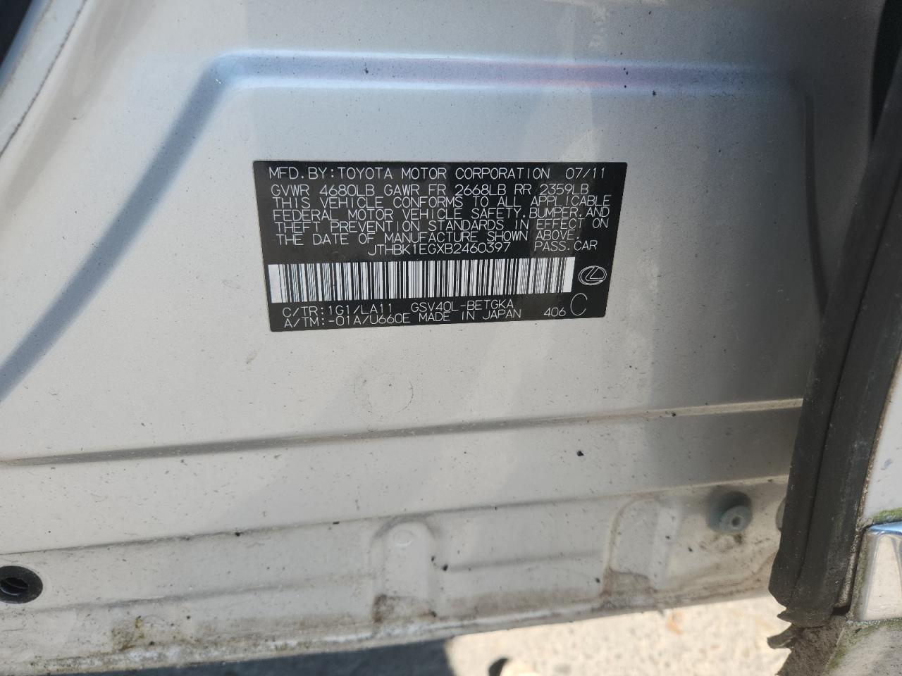 2011 Lexus Es 350 VIN: JTHBK1EGXB2460397 Lot: 80124525