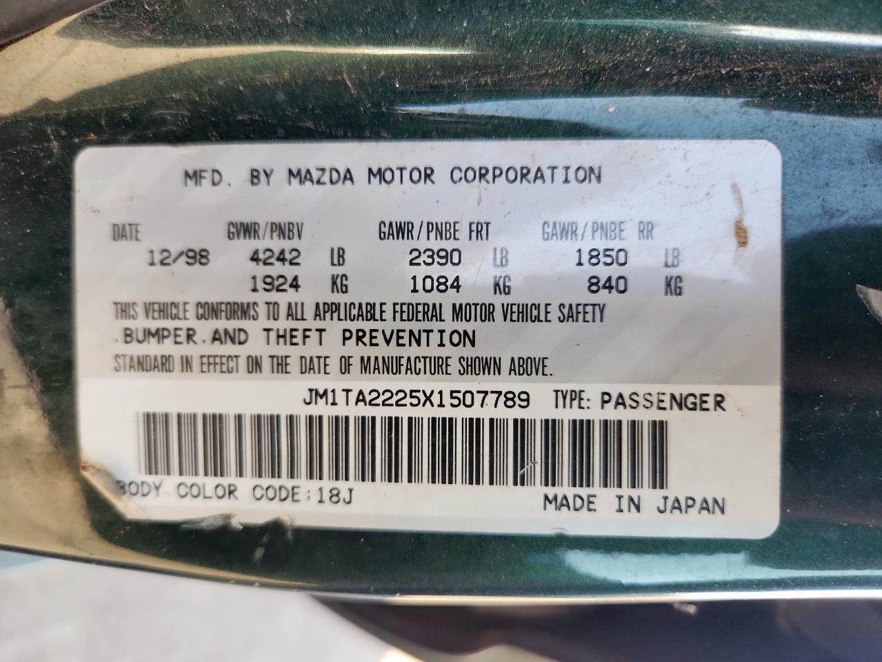 1999 Mazda Millenia S VIN: JM1TA2225X1507789 Lot: 80036795