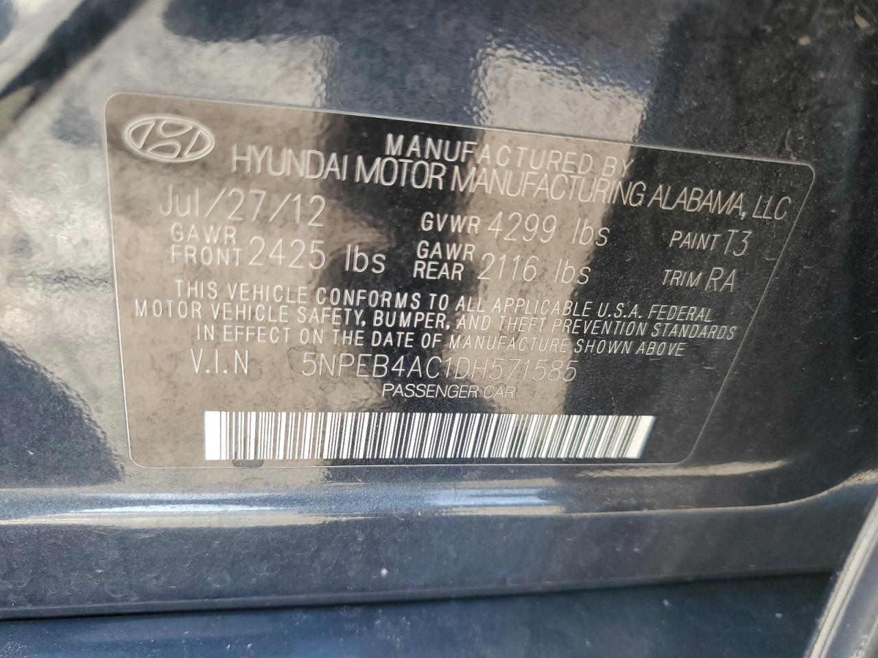 2013 Hyundai Sonata Gls VIN: 5NPEB4AC1DH571585 Lot: 81803445