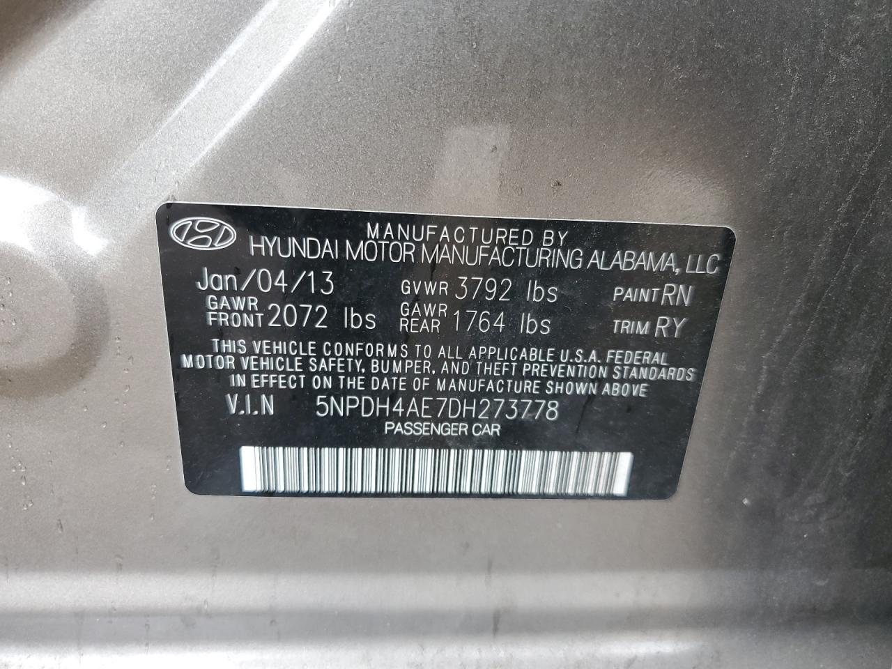 2013 Hyundai Elantra Gls VIN: 5NPDH4AE7DH273778 Lot: 80836295