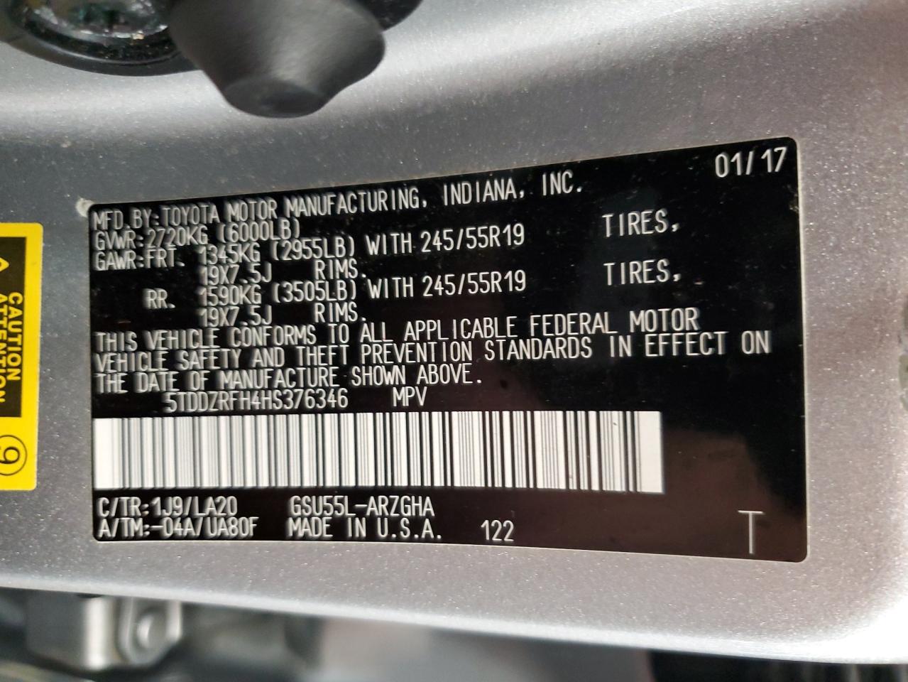 2017 Toyota Highlander Limited VIN: 5TDDZRFH4HS376346 Lot: 80466135