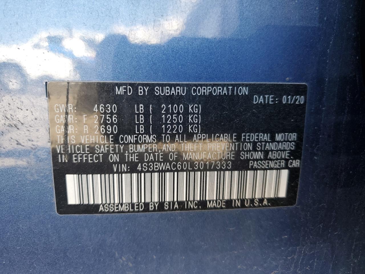 2020 Subaru Legacy Premium VIN: 4S3BWAC60L3017333 Lot: 84559115