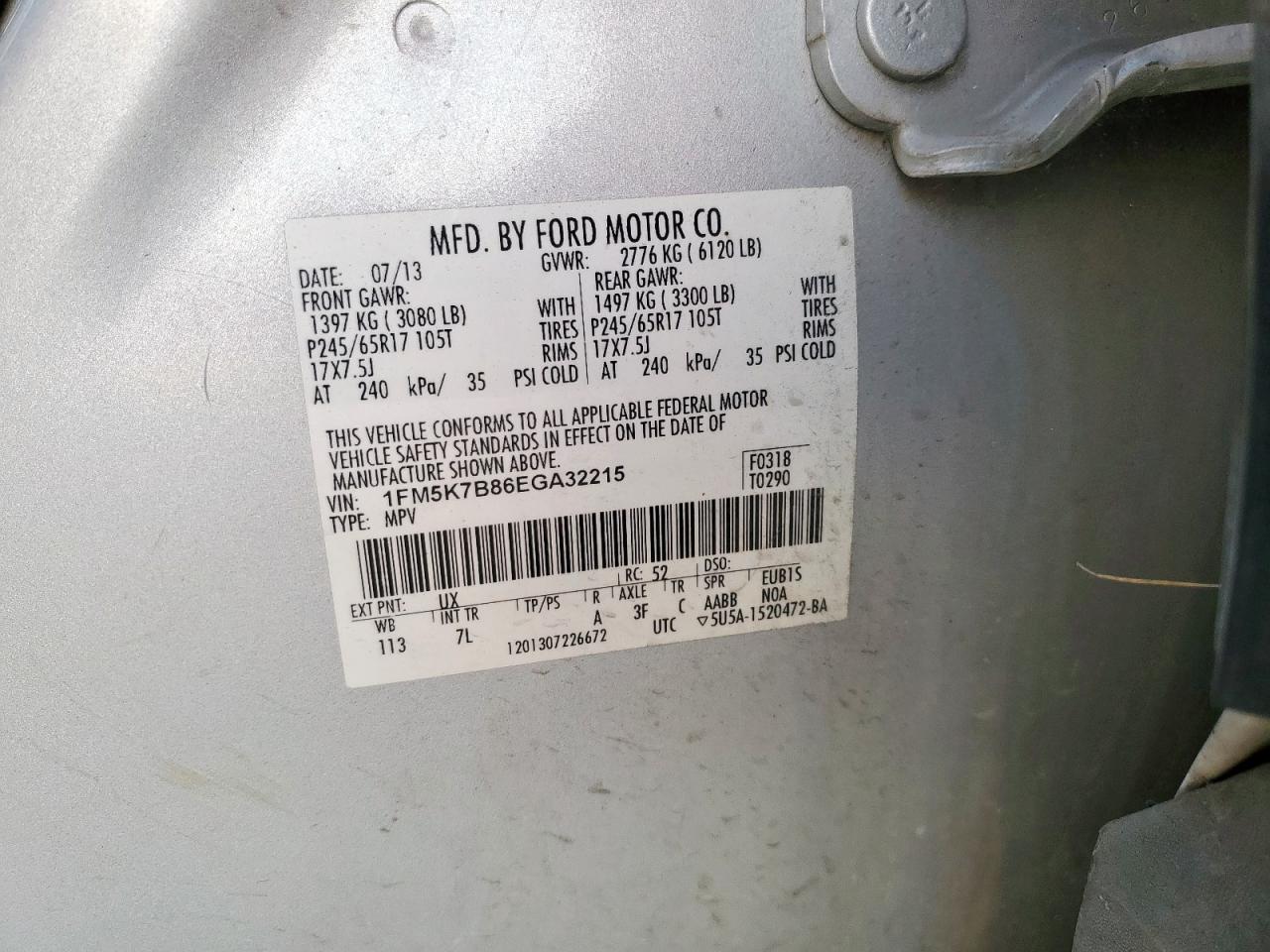 2014 Ford Explorer VIN: 1FM5K7B86EGA32215 Lot: 71899685