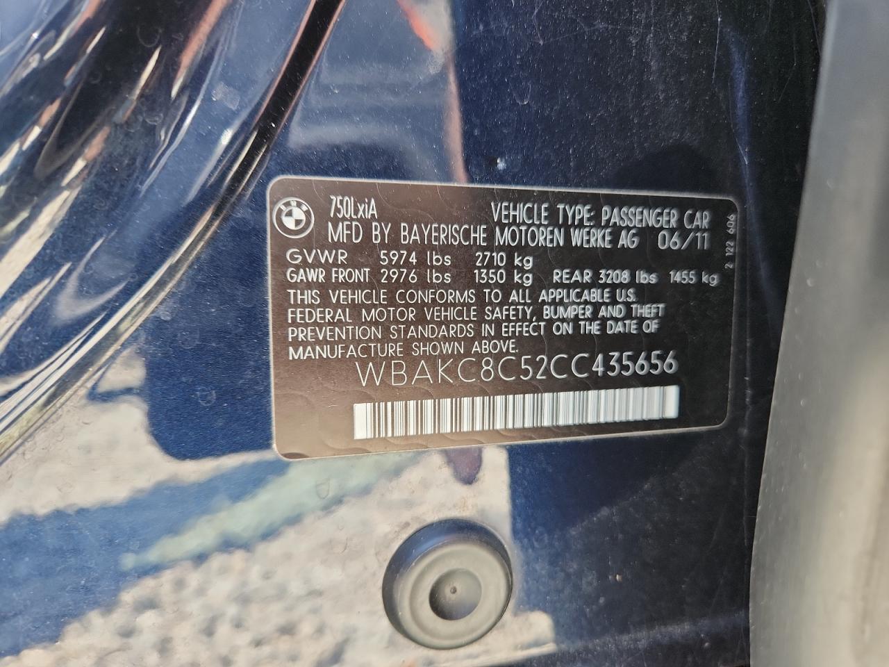 2012 BMW 750 Lxi VIN: WBAKC8C52CC435656 Lot: 80033325