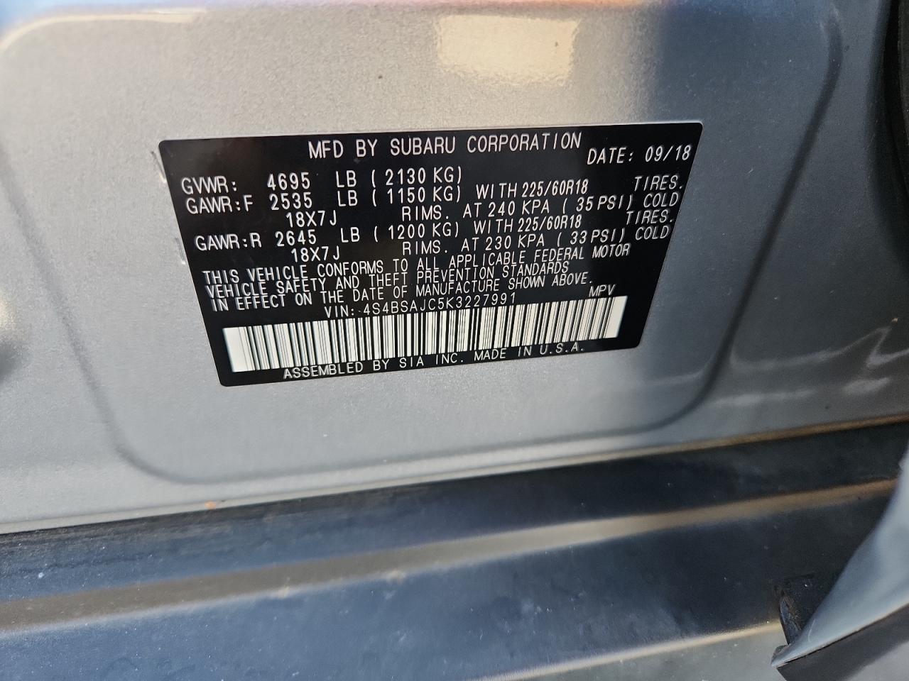 2019 Subaru Outback 2.5I Limited VIN: 4S4BSAJC5K3227991 Lot: 81345435