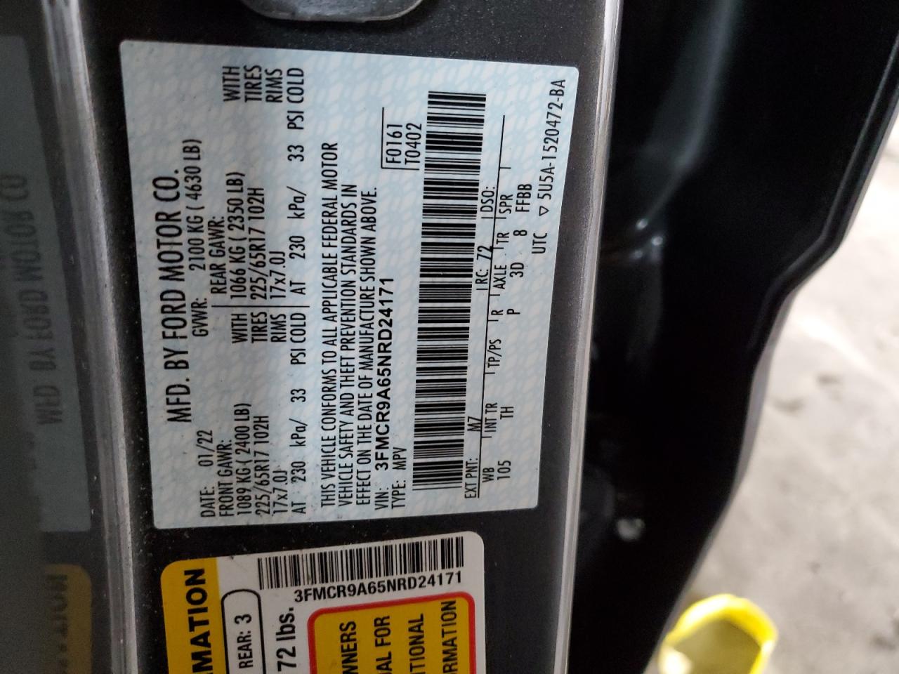 2022 Ford Bronco Sport VIN: 3FMCR9A65NRD24171 Lot: 71562675