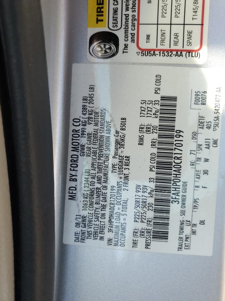 2012 Ford Fusion Se VIN: 3FAHP0HA0CR170199 Lot: 82049215