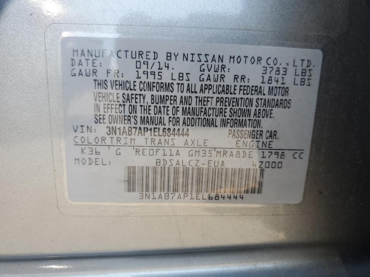 2014 Nissan Sentra S VIN: 3N1AB7AP1EL684444 Lot: 80144725