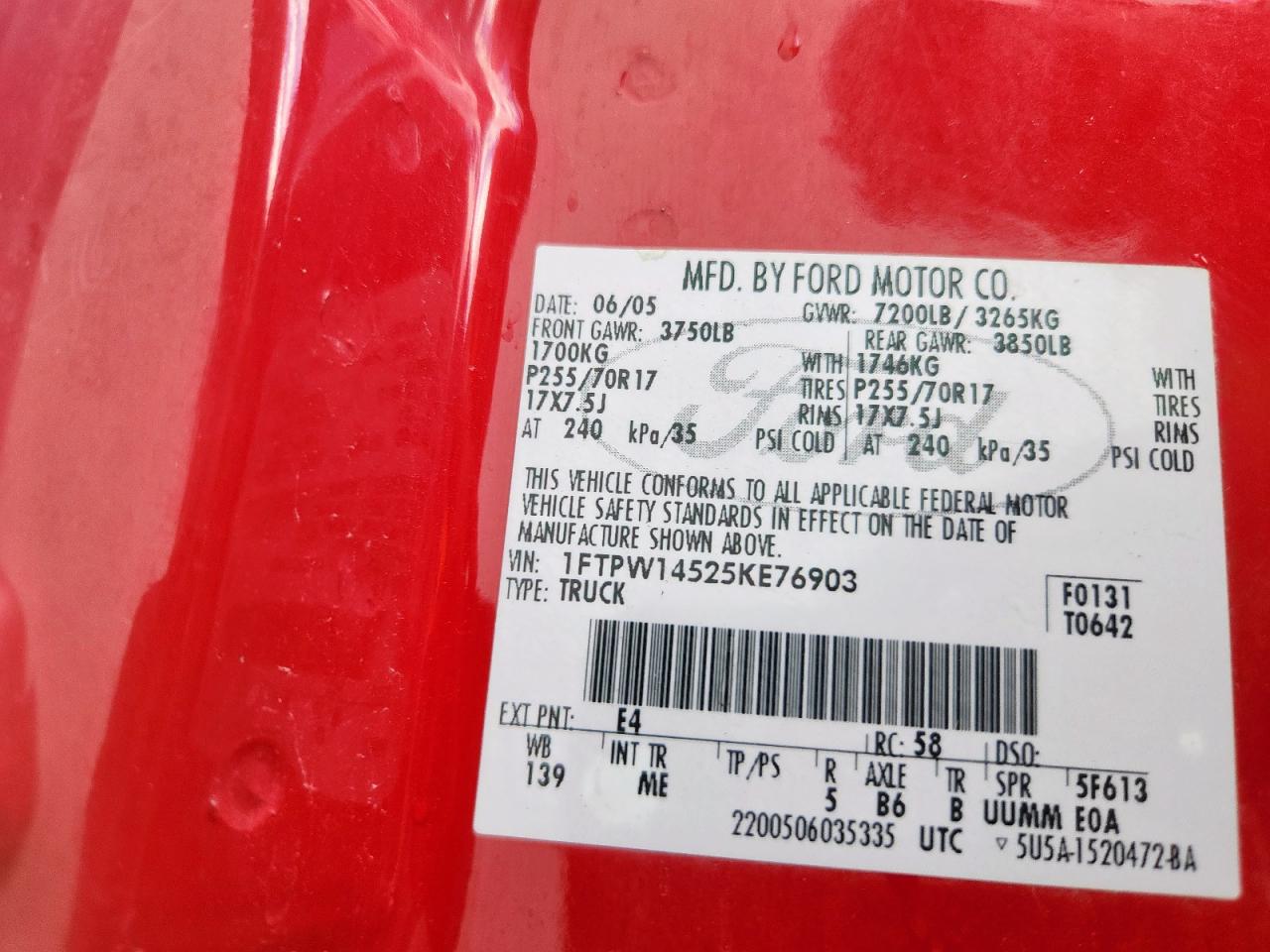 2005 Ford F150 Supercrew VIN: 1FTPW14525KE76903 Lot: 84595895