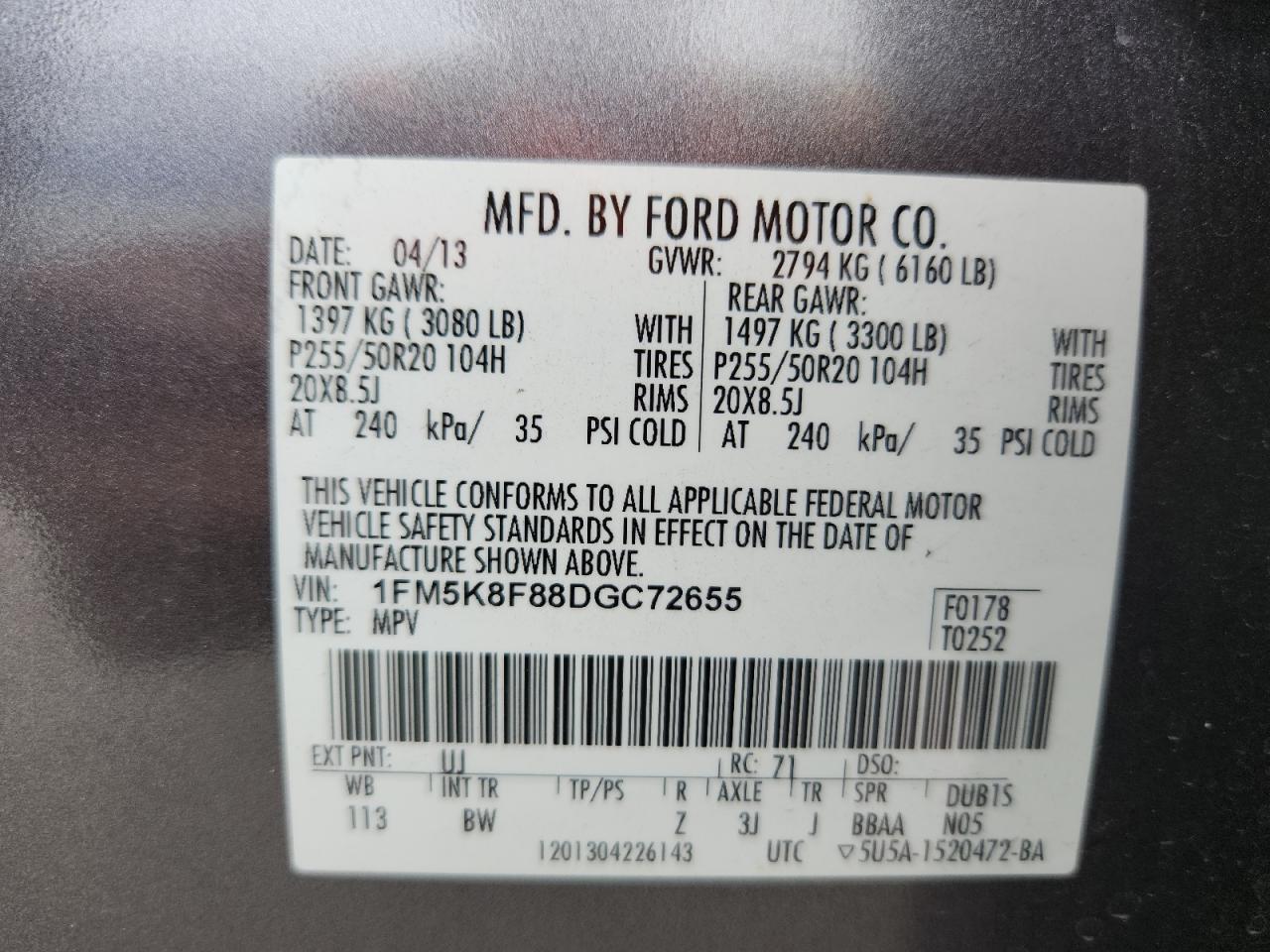 2013 Ford Explorer Limited VIN: 1FM5K8F88DGC72655 Lot: 72101035