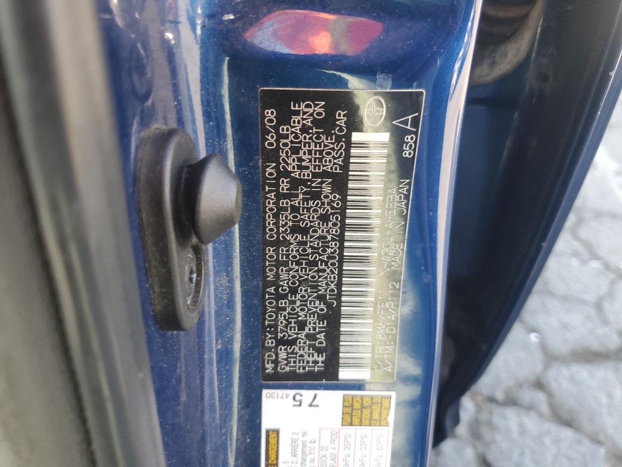 2008 Toyota Prius VIN: JTDKB20U387805169 Lot: 84295175