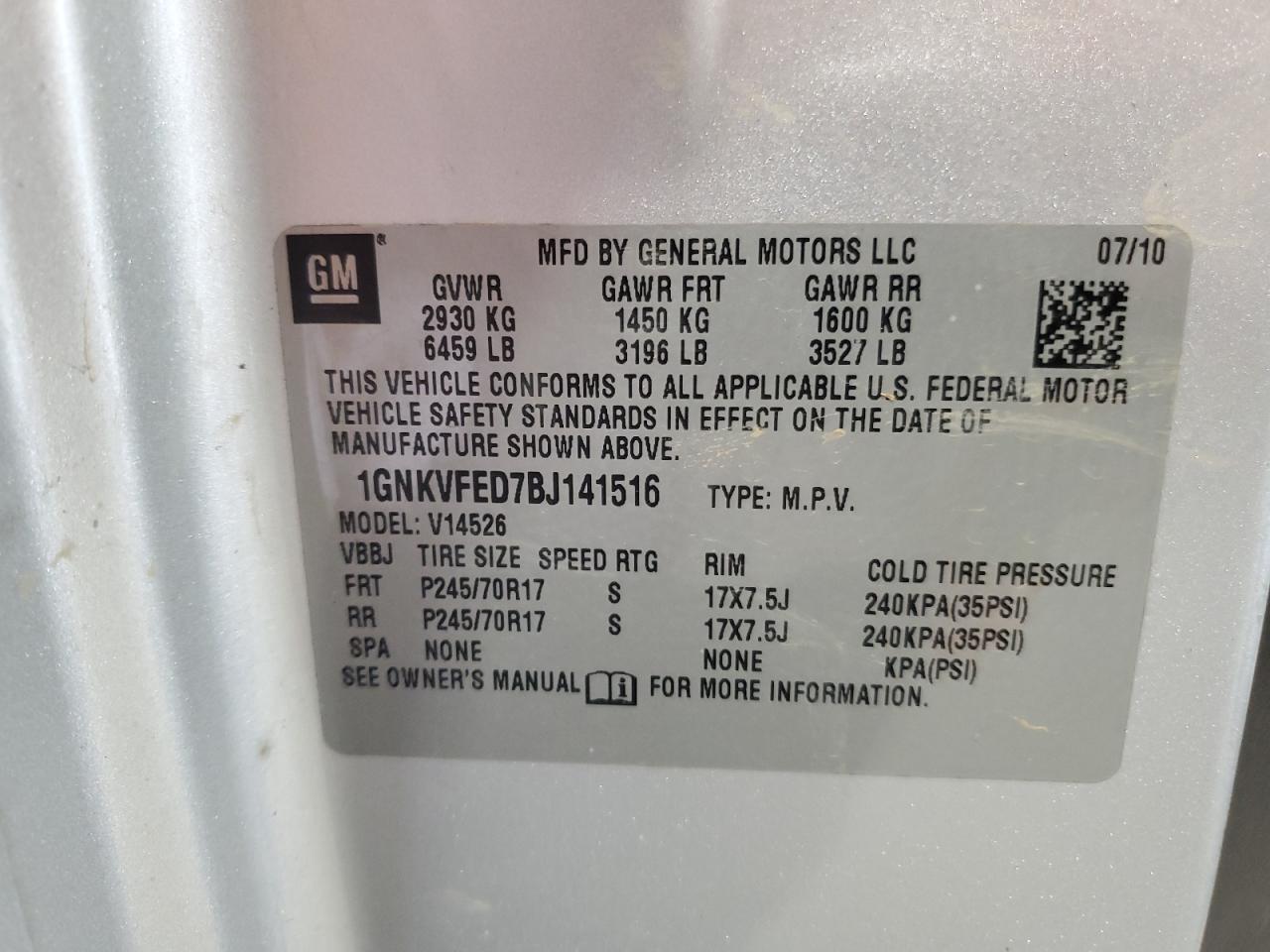 2011 Chevrolet Traverse Ls VIN: 1GNKVFED7BJ141516 Lot: 81250945