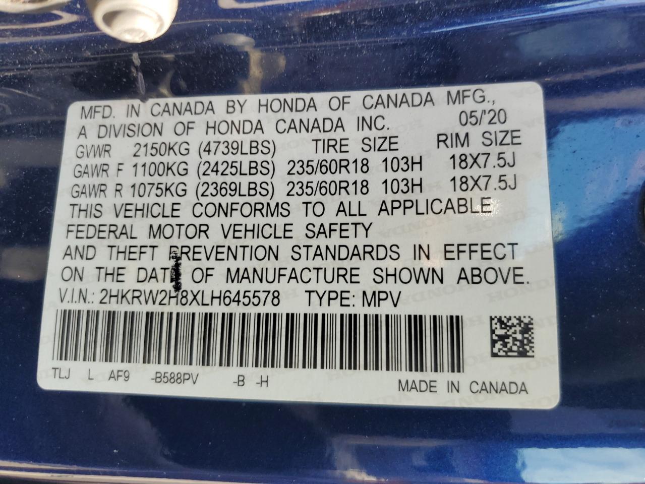 2020 Honda Cr-V Exl VIN: 2HKRW2H8XLH645578 Lot: 83962865