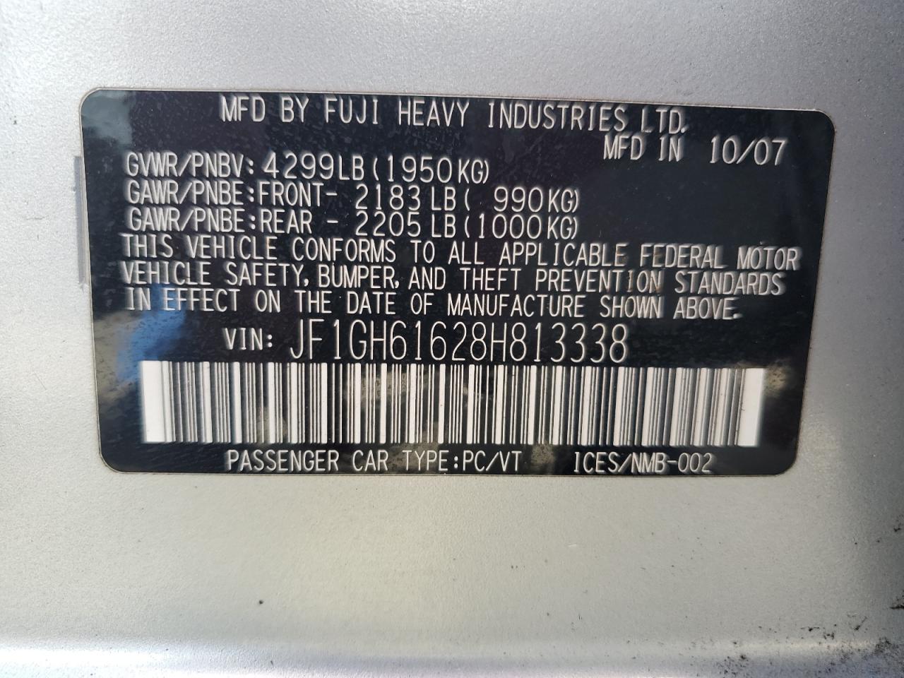 2008 Subaru Impreza 2.5I VIN: JF1GH61628H813338 Lot: 71781445