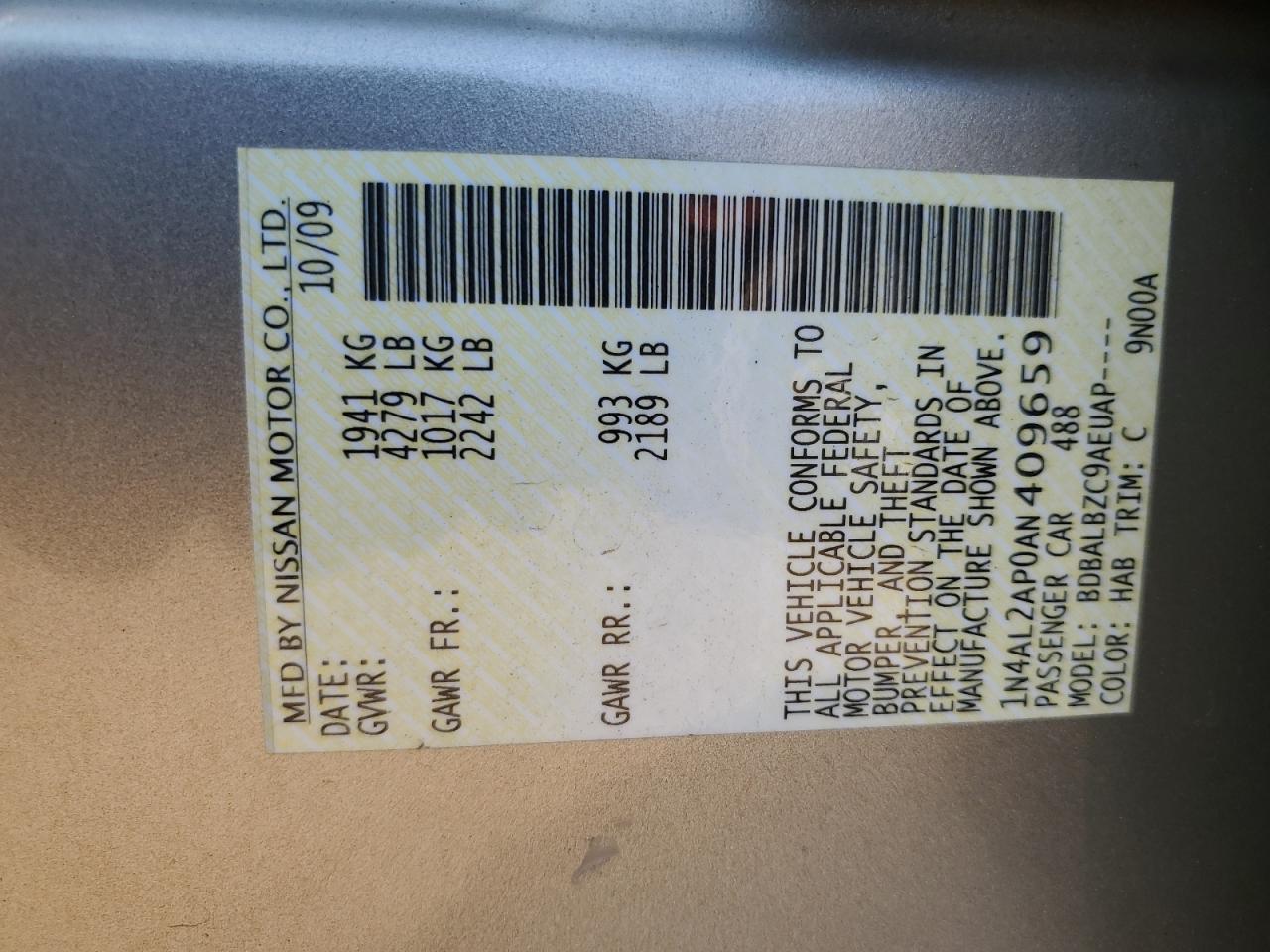 2010 Nissan Altima Base VIN: 1N4AL2AP0AN409659 Lot: 80453955