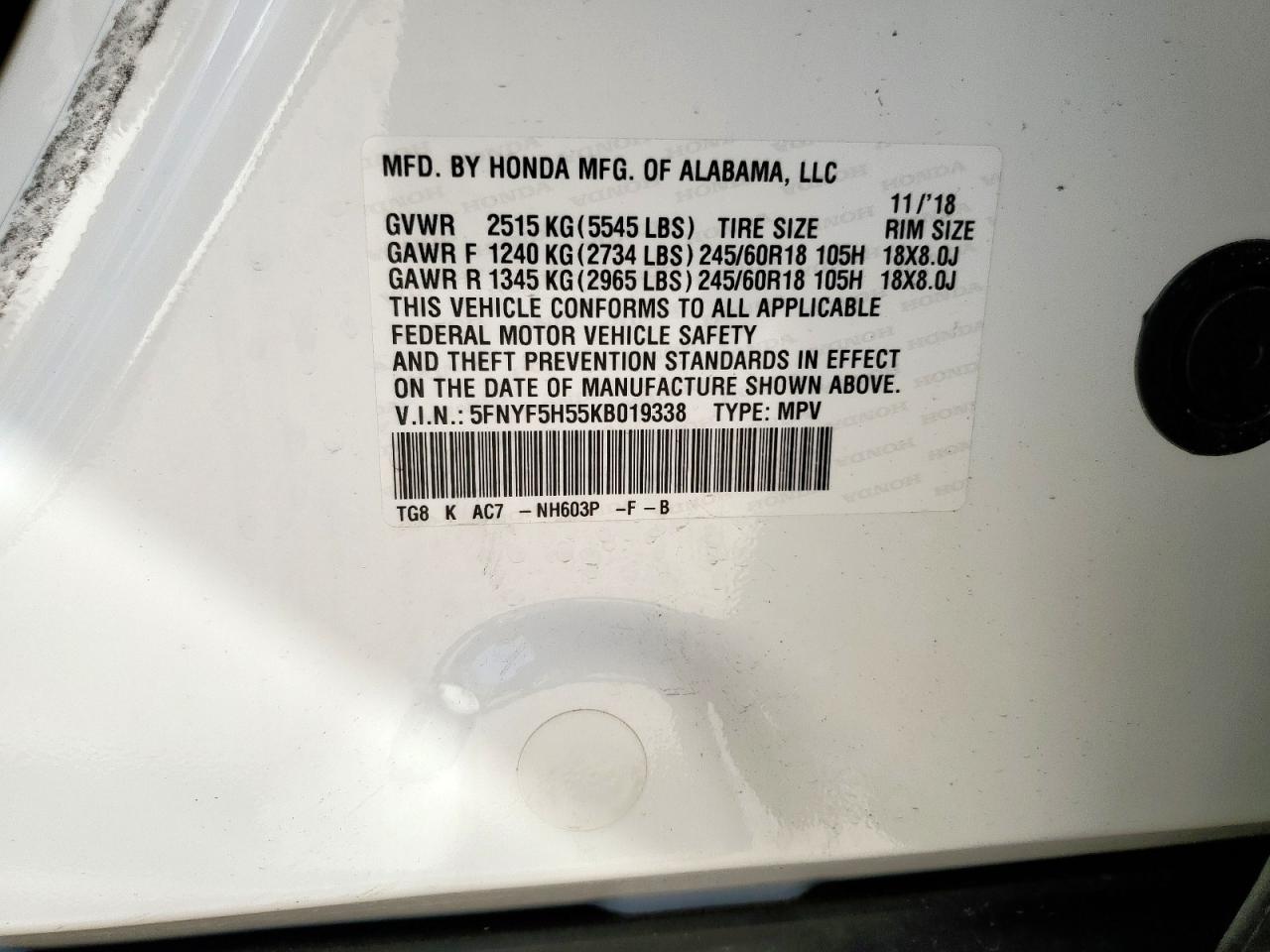 2019 Honda Pilot Exl VIN: 5FNYF5H55KB019338 Lot: 71510585