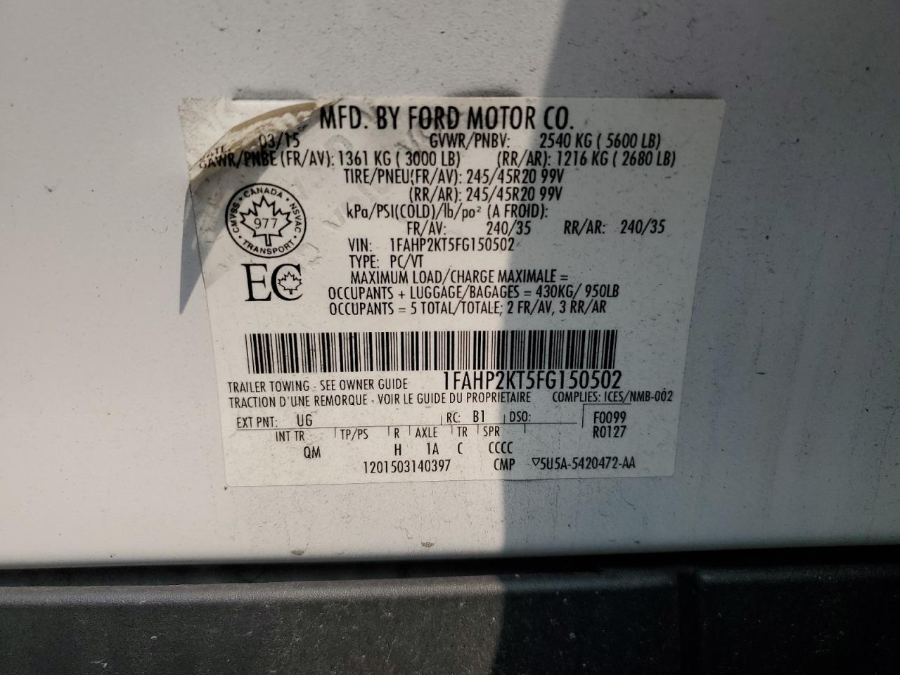 2015 Ford Taurus Sho VIN: 1FAHP2KT5FG150502 Lot: 70816615