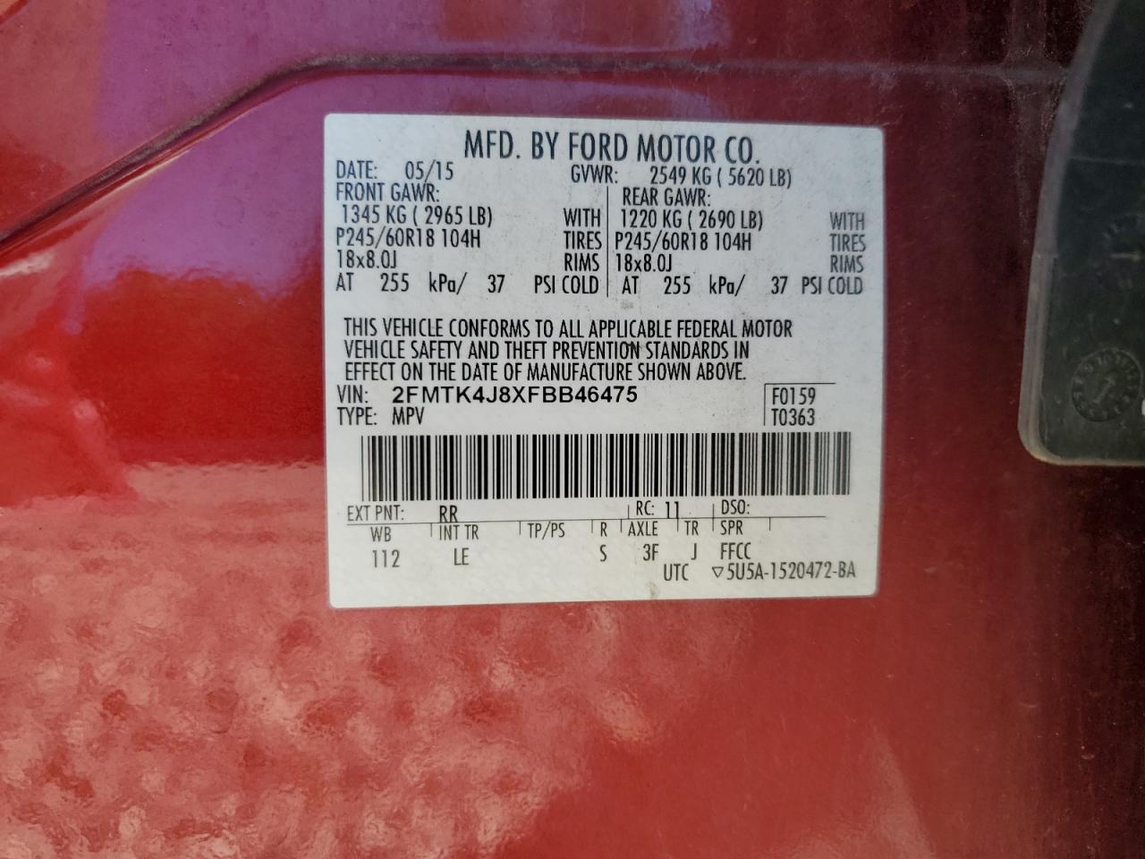 2015 Ford Edge Sel VIN: 2FMTK4J8XFBB46475 Lot: 81158255