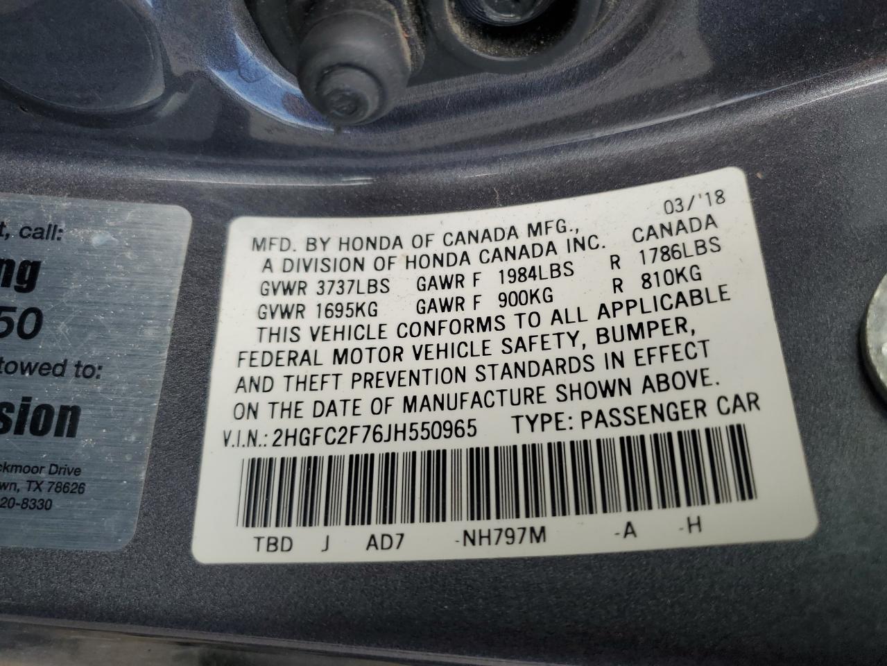 2018 Honda Civic Ex VIN: 2HGFC2F76JH550965 Lot: 82070405