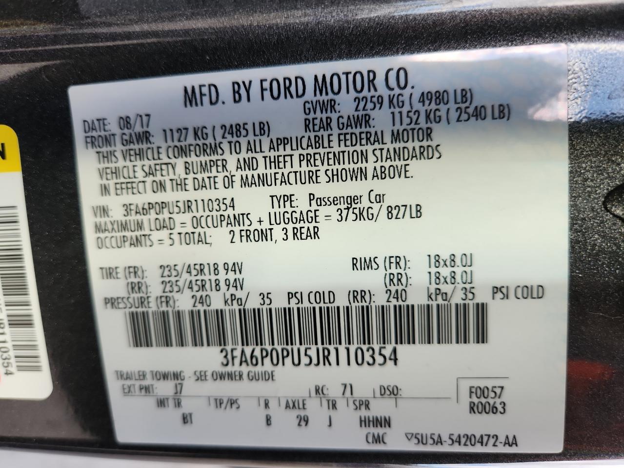 2018 Ford Fusion Se Phev VIN: 3FA6P0PU5JR110354 Lot: 84755405