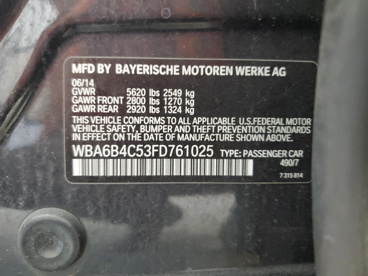 2015 BMW 650 Xi Gran Coupe VIN: WBA6B4C53FD761025 Lot: 81804665