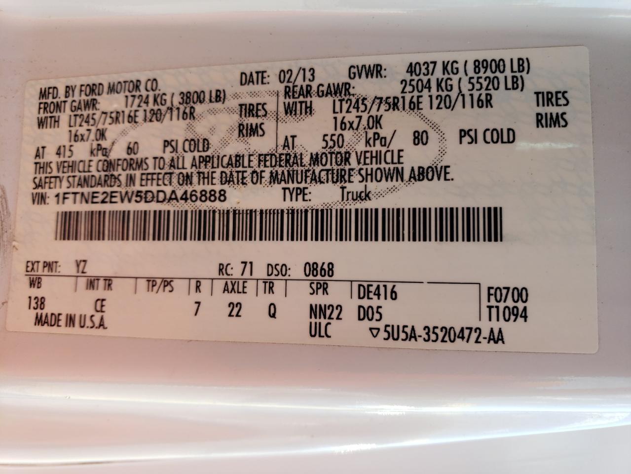 2013 Ford Econoline E250 Van VIN: 1FTNE2EW5DDA46888 Lot: 81066155