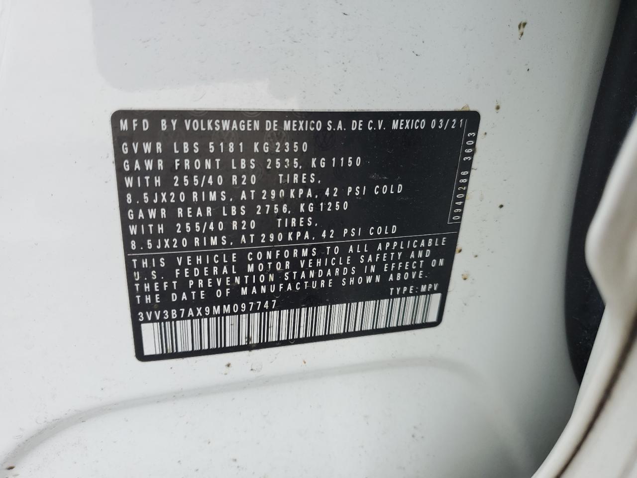 2021 Volkswagen Tiguan Se VIN: 3VV3B7AX9MM097747 Lot: 80271105