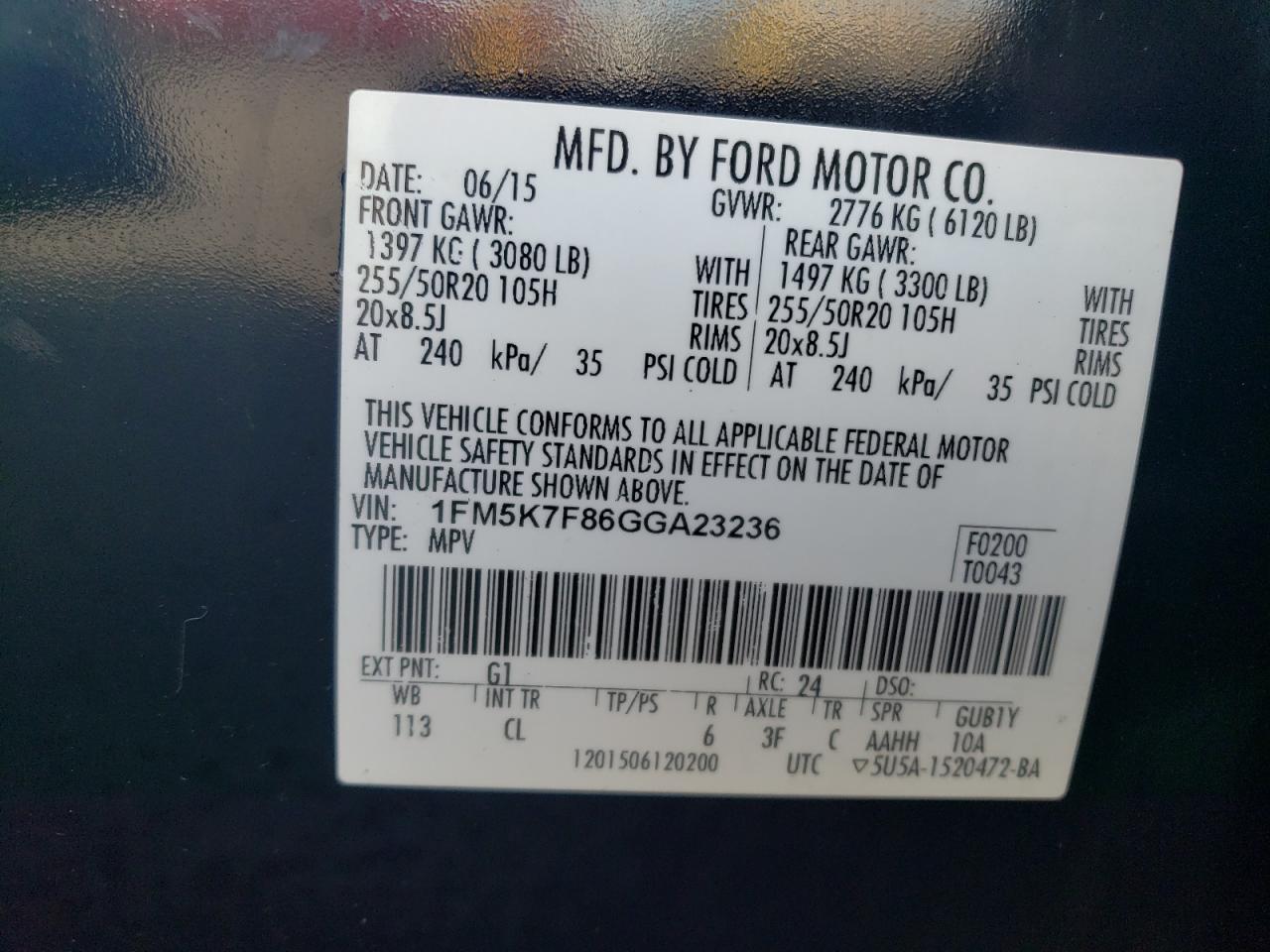 2016 Ford Explorer Limited VIN: 1FM5K7F86GGA23236 Lot: 84380125