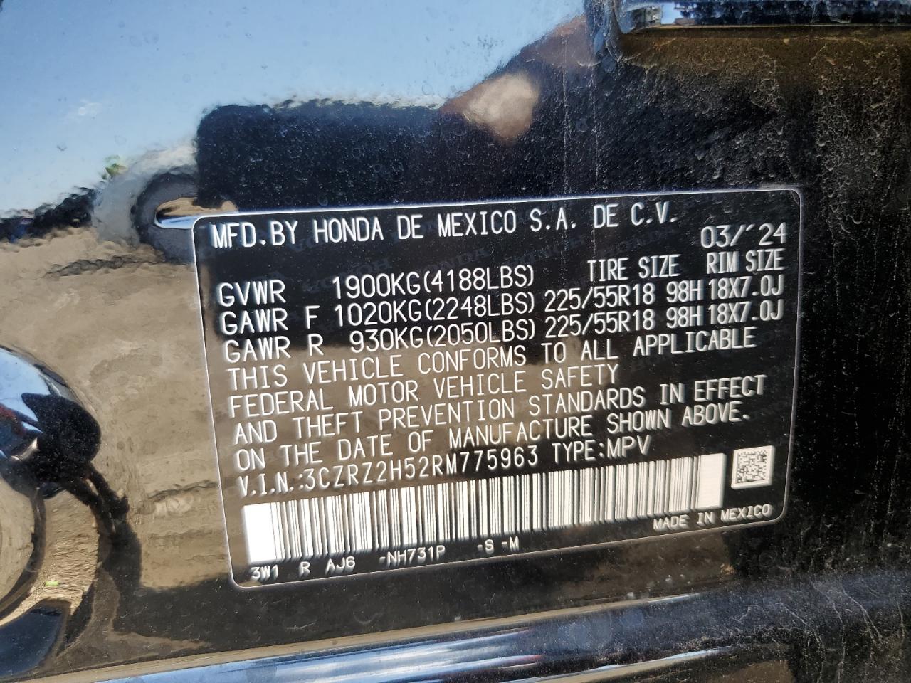 2024 Honda Hr-V Sport VIN: 3CZRZ2H52RM775963 Lot: 71961595