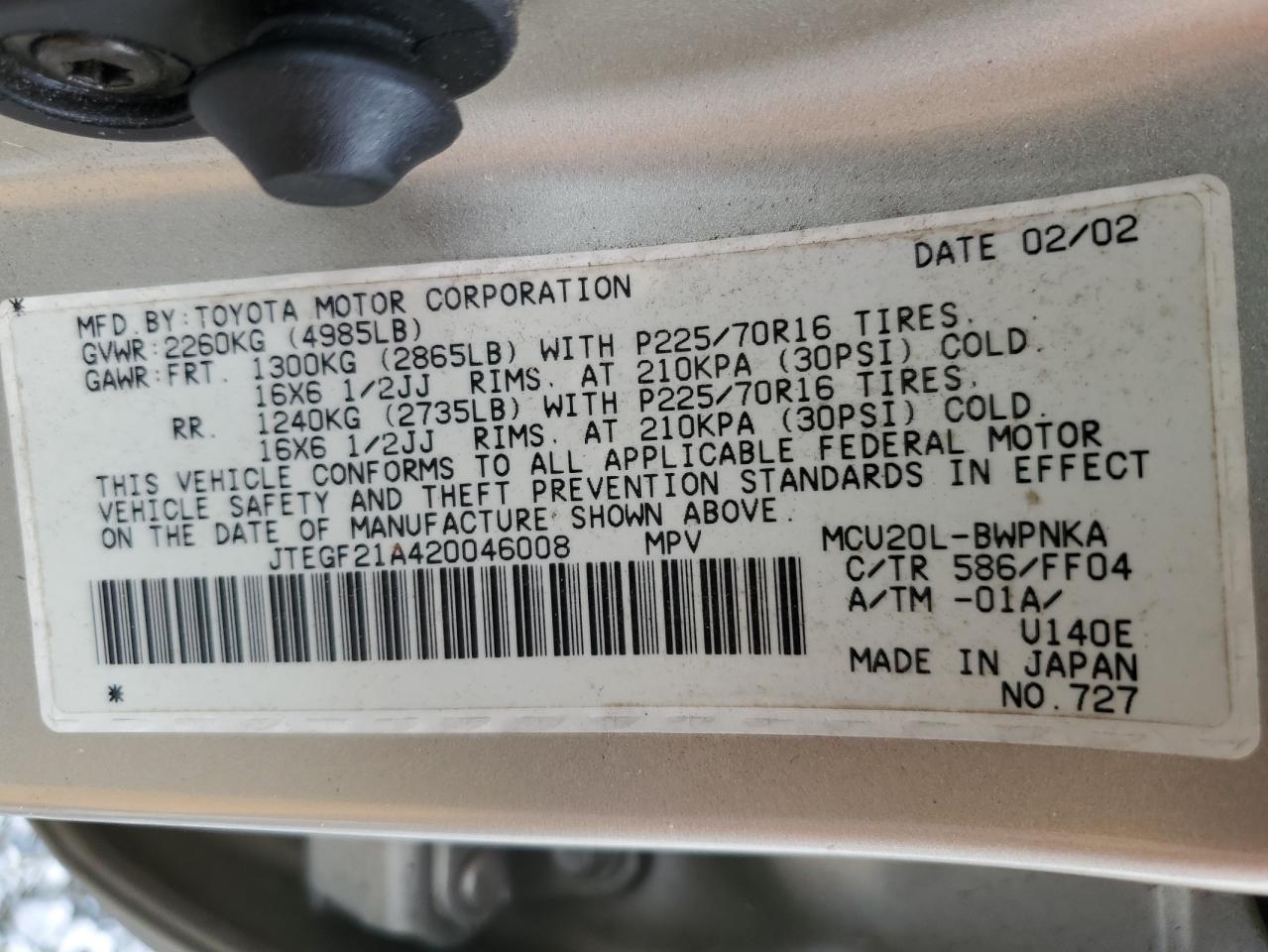 2002 Toyota Highlander Limited VIN: JTEGF21A420046008 Lot: 80014045