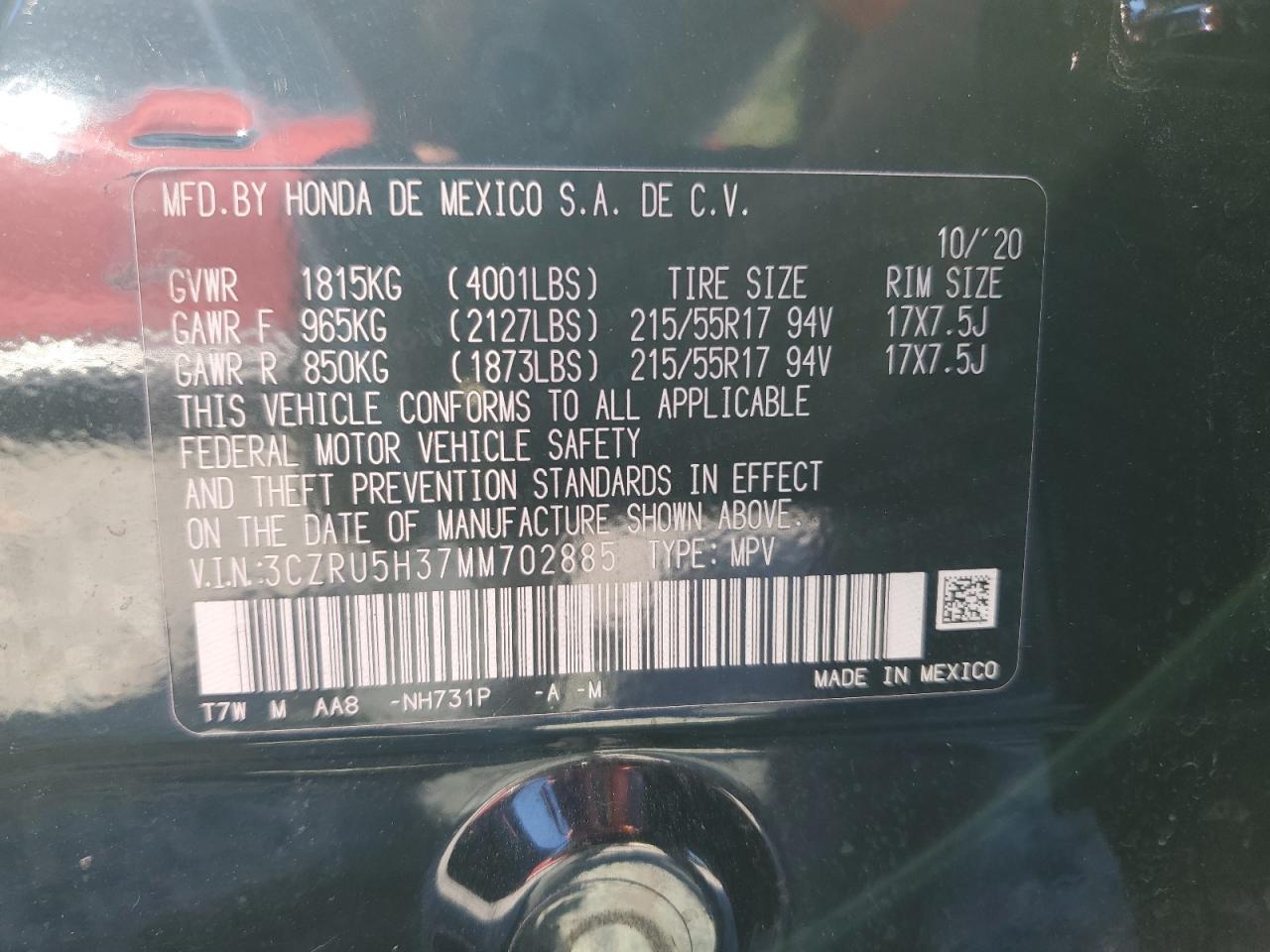 2021 Honda Hr-V Lx VIN: 3CZRU5H37MM702885 Lot: 66595185