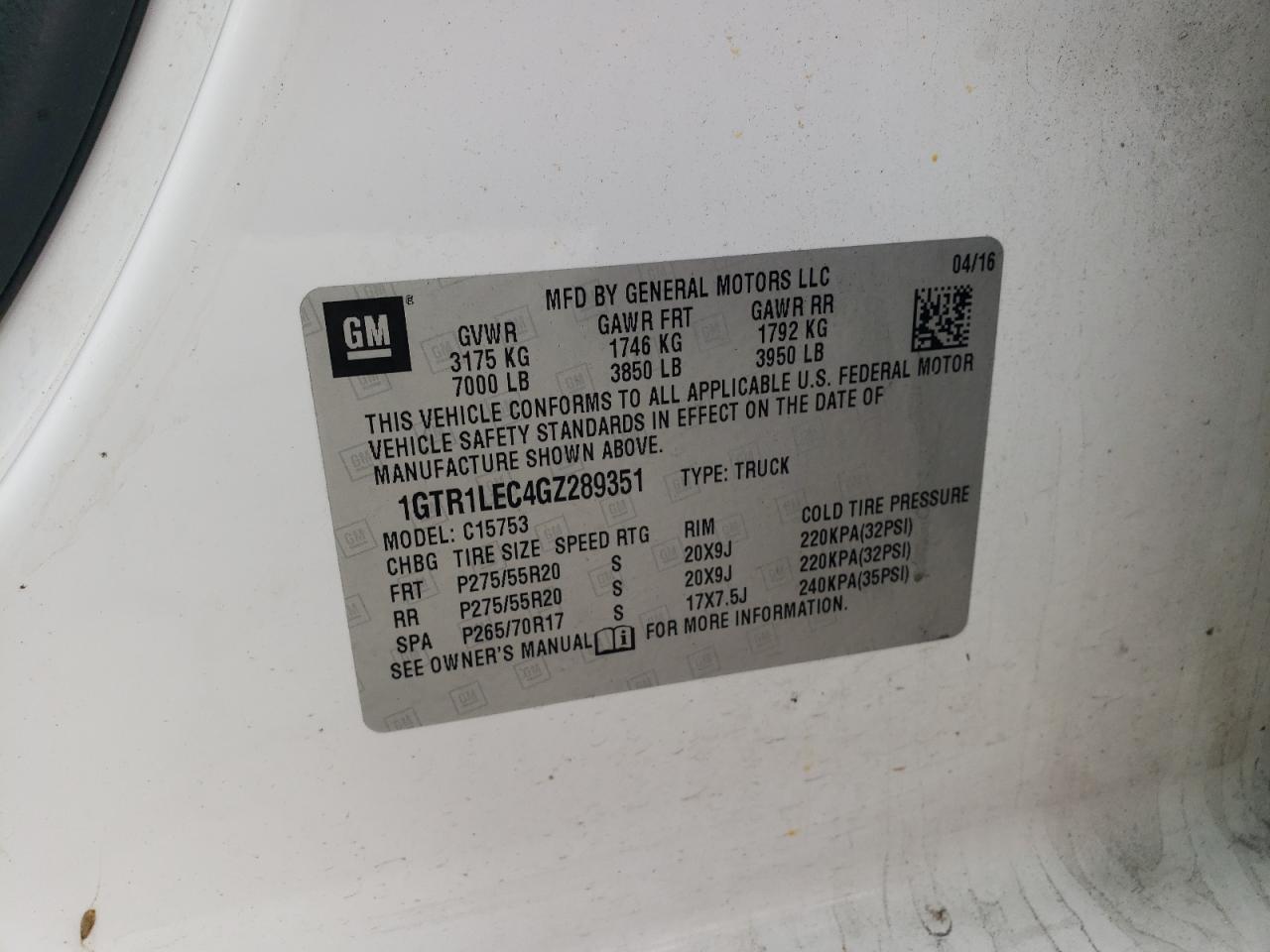 2016 GMC Sierra C1500 VIN: 1GTR1LEC4GZ289351 Lot: 81767865
