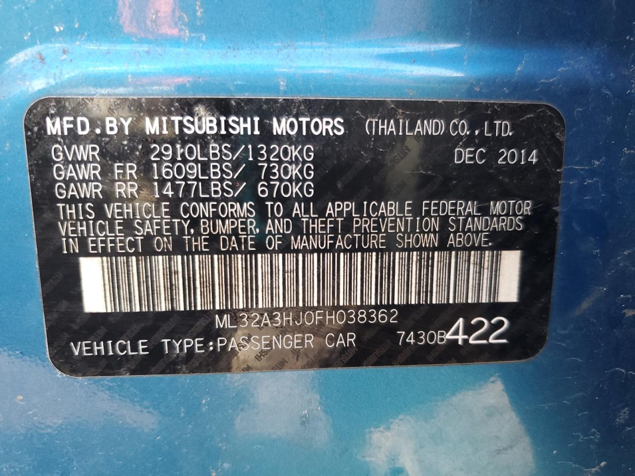 2015 Mitsubishi Mirage De VIN: ML32A3HJ0FH038362 Lot: 84008515