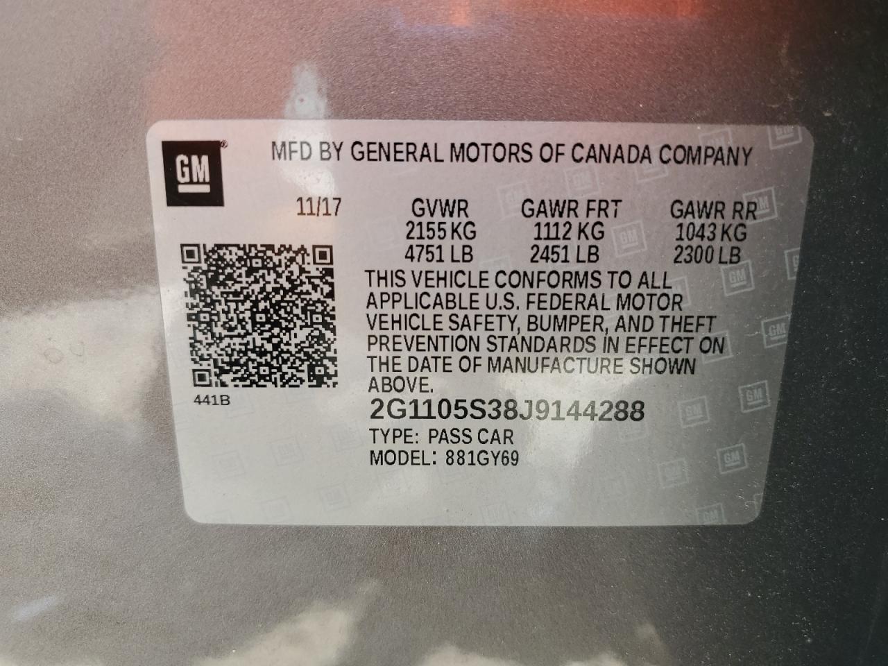 2018 Chevrolet Impala Lt VIN: 2G1105S38J9144288 Lot: 81075205