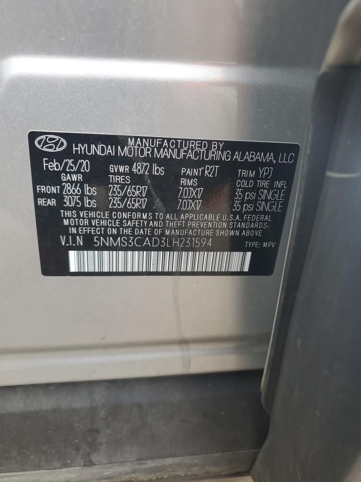 2020 Hyundai Santa Fe Sel VIN: 5NMS3CAD3LH231594 Lot: 80071735