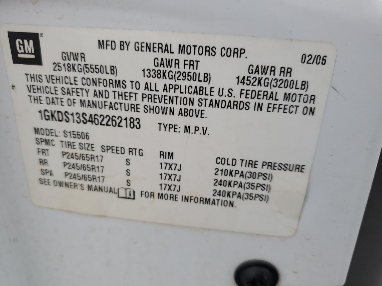 2006 GMC Envoy VIN: 1GKDS13S462262183 Lot: 82121965