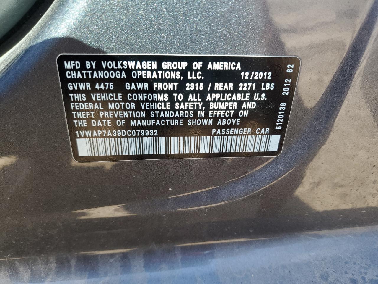 2013 Volkswagen Passat S VIN: 1VWAP7A39DC079932 Lot: 71248645