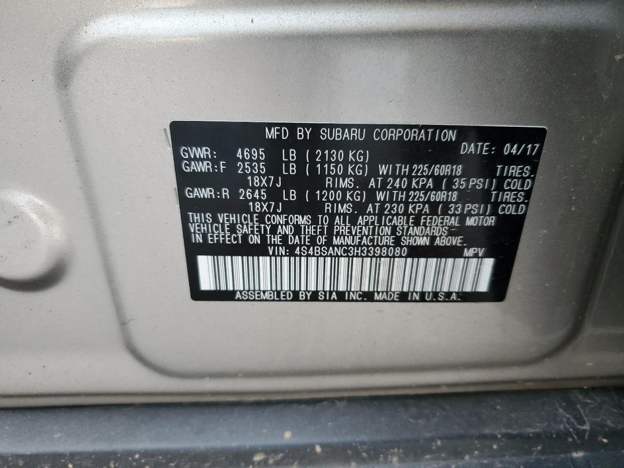 2017 Subaru Outback 2.5I Limited VIN: 4S4BSANC3H3398080 Lot: 81202985