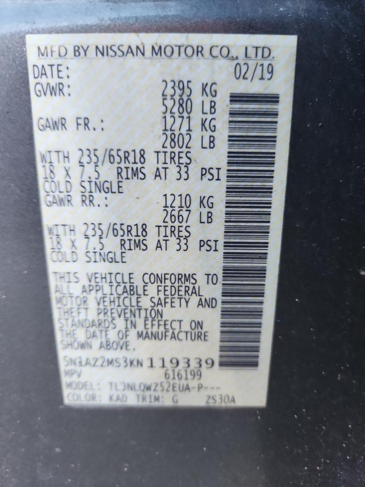 2019 Nissan Murano S VIN: 5N1AZ2MS3KN119339 Lot: 84212735