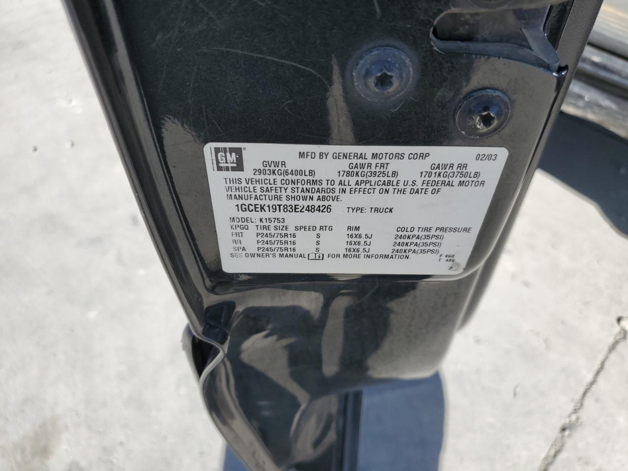 2003 Chevrolet Silverado K1500 VIN: 1GCEK19T83E248426 Lot: 81635425