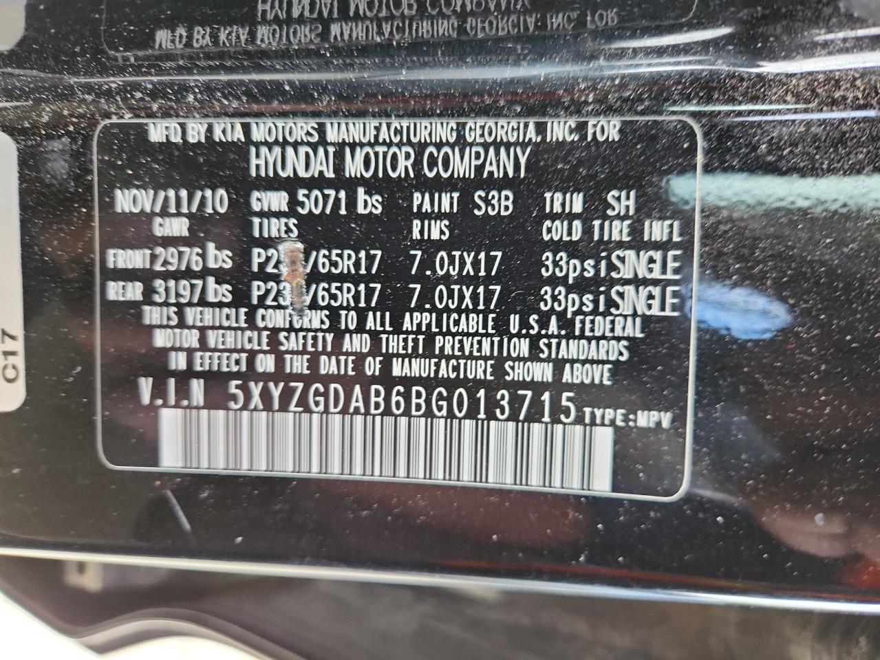 2011 Hyundai Santa Fe Gls VIN: 5XYZGDAB6BG013715 Lot: 80346915