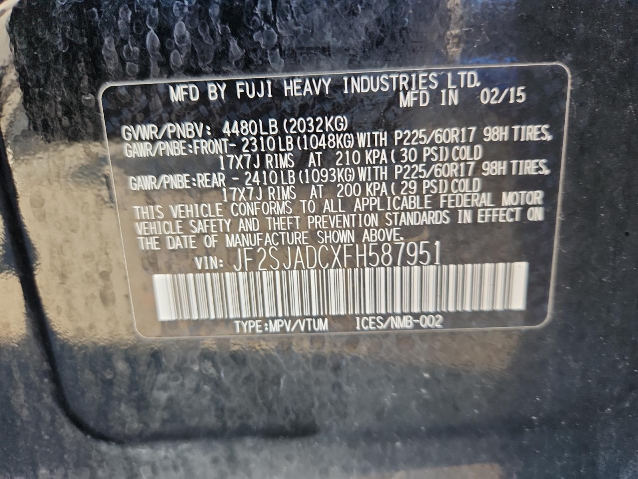 2015 Subaru Forester 2.5I Premium VIN: JF2SJADCXFH587951 Lot: 80253035